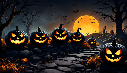 Spooky Halloween Scene with Jack-o'-Lanterns, Haunted Castle, and Full Moon

