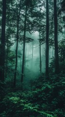 Fototapeta premium Mystical Emerald Forest in Dense Fog - Vertical Wallpaper for Phones