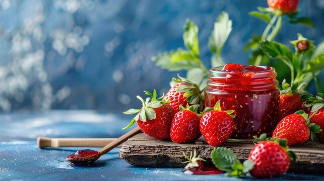 Fresh strawberry and jam on wooden board with blue background