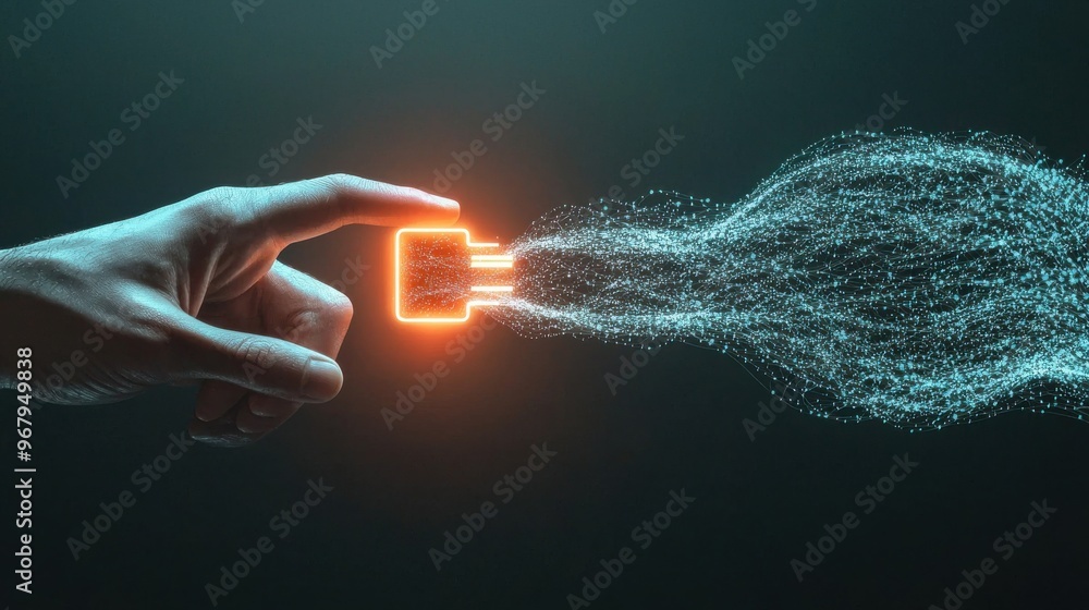 Poster a hand holding a glowing keycard that unlocks a door made of abstract, flowing data streams, access 