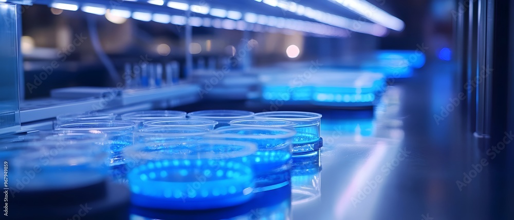 Poster futuristic biotech laboratory setting with rows of petri dishes containing genetically modified orga
