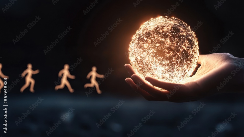 Poster a hand holding a glowing orb with abstract figures of people running towards it, teamwork and collec
