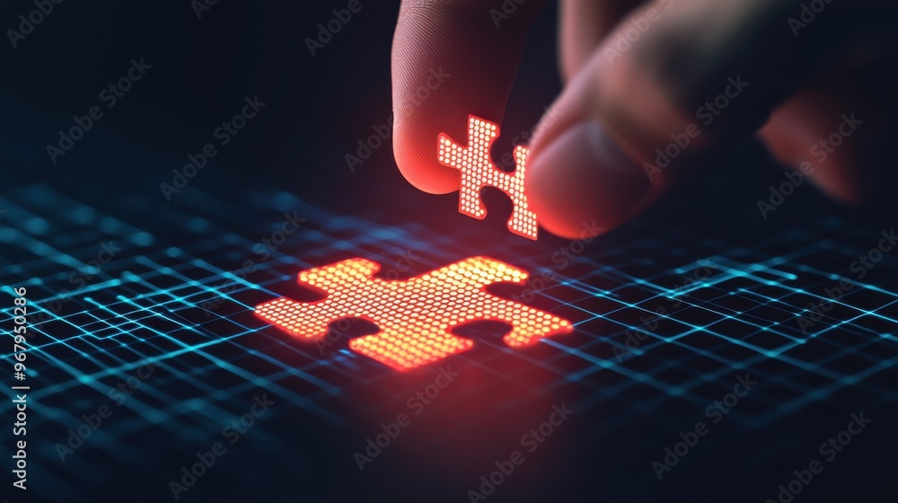 Poster a hand placing a puzzle piece into an abstract grid, with the puzzle piece glowing, representing con