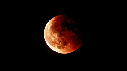 A close-up view of a blood moon during a lunar eclipse, showcasing its reddish hue.