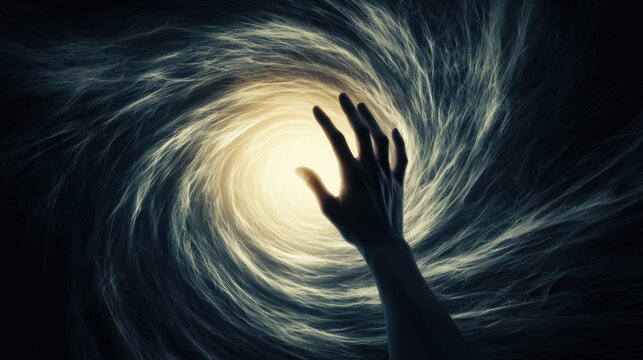 A hand reaching out from a dark vortex, grasping a glowing thread of light, hope and control in a situation where chaos threatens to take over