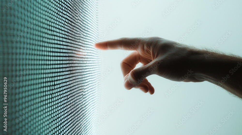 Poster a hand reaching out to touch a mirror, with the reflection made up of binary code, suggesting the di