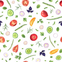 Fresh vegetables and aromatic herbs watercolor seamless pattern. Slices of tomato, onion, cucumber, beans, oregano, rosemary illustration in realistic style. Ingredients for cooking, recipe, menu