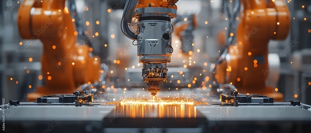 Poster transforming factories with advanced robotic manufacturing technology visualizing the future of auto