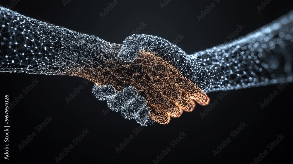 Poster a handshake between two translucent figures, with digital data flowing between them. concept of clie
