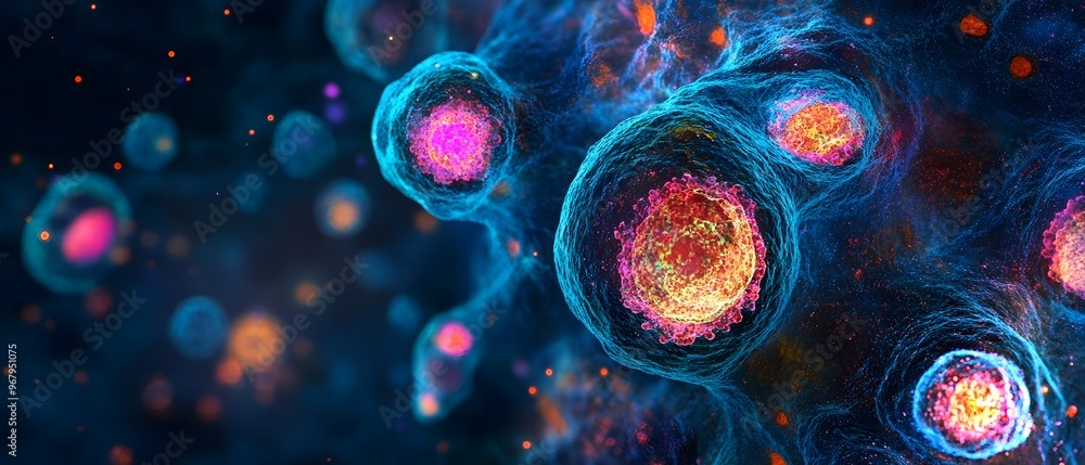 Poster captivating microscopic view of colorfully glowing bioengineered cells showcasing a breakthrough in 