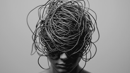 A head full of tangled wires, representing mental confusion and overload due to constant stress