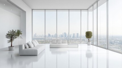 Modern Interior Design: White Sofa, Cityscape View, and Minimalist Decor