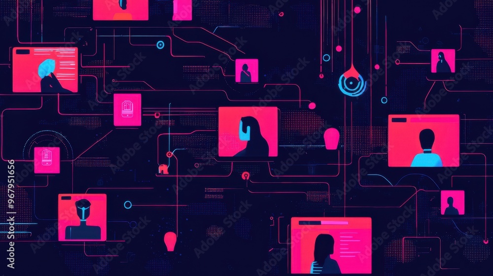 Poster a holographic network of people working together on different screens, their devices linked by vibra