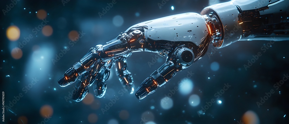 Poster futuristic intelligence robotic system concept with detailed metallic mechanical hand showcasing the