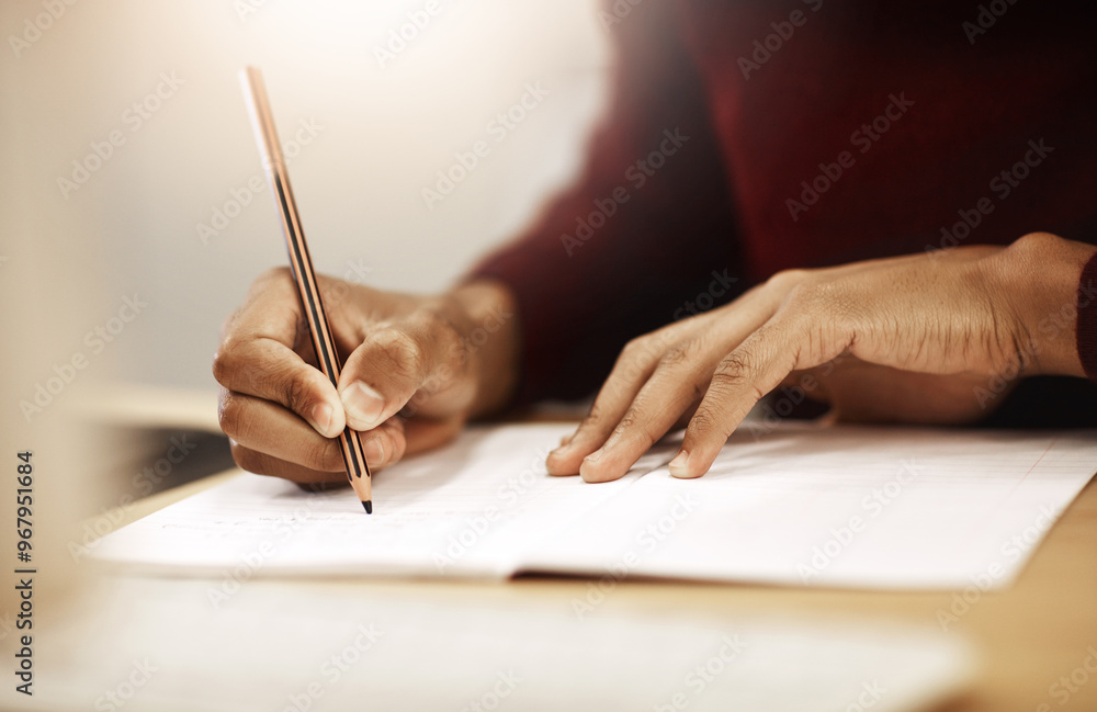 Poster Writing, education and hands of student in college for research, notes and language course. Person, journal and studying at table for exam preparation, creative essay and storytelling in university