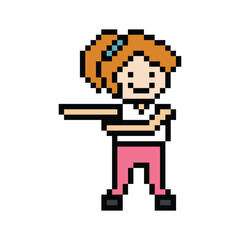 Obraz premium Cute pixel cartoon 8bit character woman exercises training dance lifestyle music decoration life style 8 bit female girl dance with music game fitness isolated PNG vector.