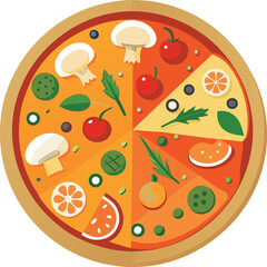A colorful vector depiction of a round pizza featuring tomatoes, basil and cheese set on a clean white background