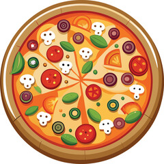 A colorful vector depiction of a round pizza featuring tomatoes, basil and cheese set on a clean white background