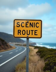 Vintage Scenic Route sign with coastal highway backdrop