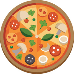 A colorful vector depiction of a round pizza featuring tomatoes, basil and cheese set on a clean white background