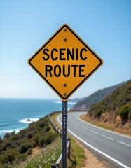 Vintage Scenic Route sign with coastal highway backdrop