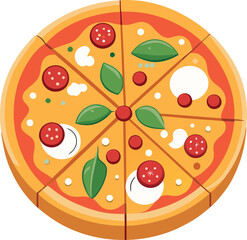 A colorful vector depiction of a round pizza featuring tomatoes, basil and cheese set on a clean white background