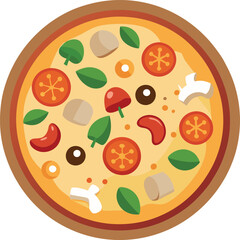 A colorful vector depiction of a round pizza featuring tomatoes, basil and cheese set on a clean white background
