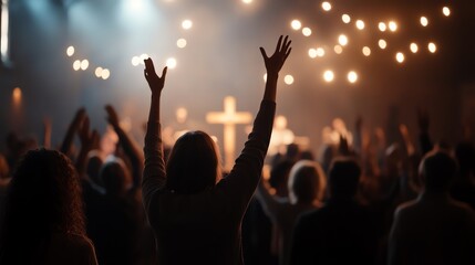 Silhouette of people worshiping with raised hands in a church, illuminated by soft lights, creating a spiritual and uplifting atmosphere.