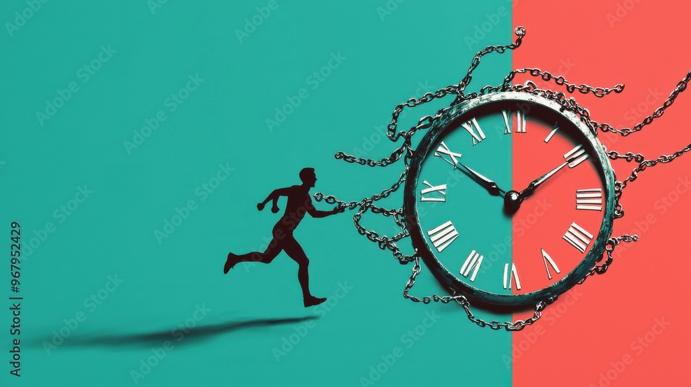 Poster a human figure running against a clock face, where the hands of the clock are large chains pulling t