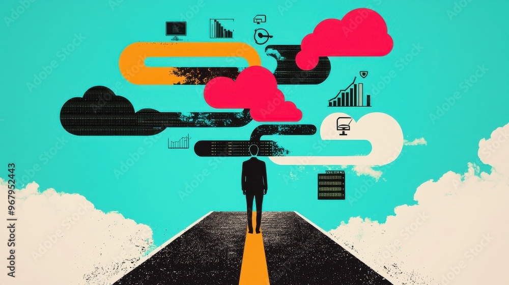 Poster a human figure standing at a crossroads, each path leading to abstract shapes and forms various outs