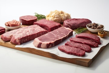 Fototapeta premium Various cuts of fresh meat displayed on a wooden board with seasonings in bright lighting