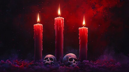 A haunting scene with three glowing candles and skulls on a dark, mystical background, perfect for Halloween-themed projects.