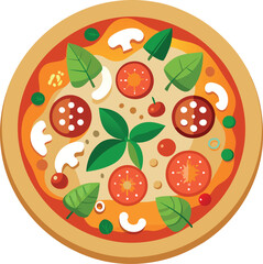 A colorful vector depiction of a round pizza featuring tomatoes, basil and cheese set on a clean white background