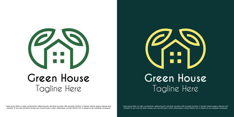 Illustration of the nature leaf house logo design. Silhouette of linear lines of city buildings architecture eco environment foliage. Abstract simple minimal minimalist fresh icon symbol.