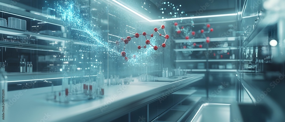 Poster high tech futuristic biotech laboratory with holographic molecular models floating in mid air showca