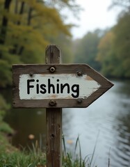 Vintage Fishing sign against serene river backdrop