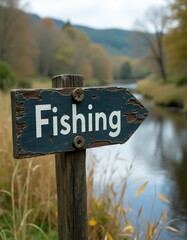 Vintage Fishing sign against serene river backdrop