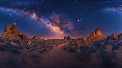 Stunning night sky over rocky desert landscape with Milky Way.