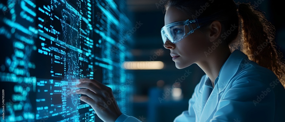 Poster scientist in a futuristic biotech laboratory analyzing complex bioinformatics data and information d