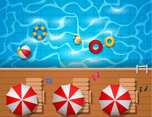 Swimming pool top view background. water ring umbrella lounger. Vector illustration