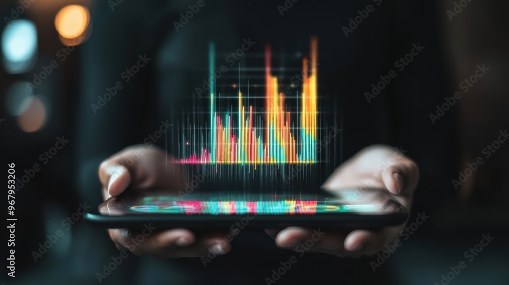 Aufkleber a human hand holding a futuristic tablet with a holographic chart showing two unequal bars, represen