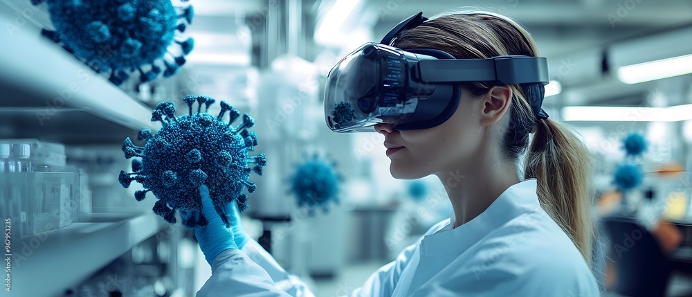 Poster scientist wearing virtual reality goggles interacting with a 3d digital model of a virus in a high t