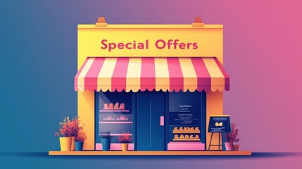 Fototapeta premium A cheerful storefront displays special offers with colorful signage, showcasing delicious treats and inviting window displays