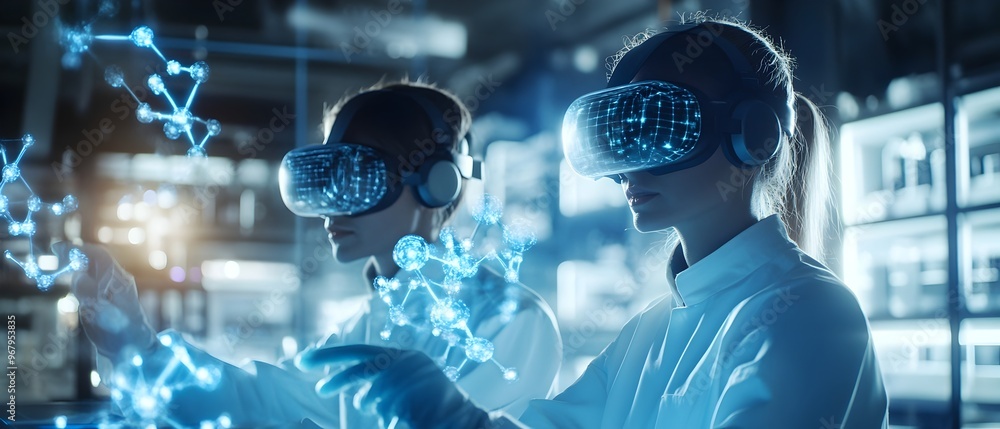 Poster biotech researchers using virtual reality to manipulate molecular structures and visualize complex b