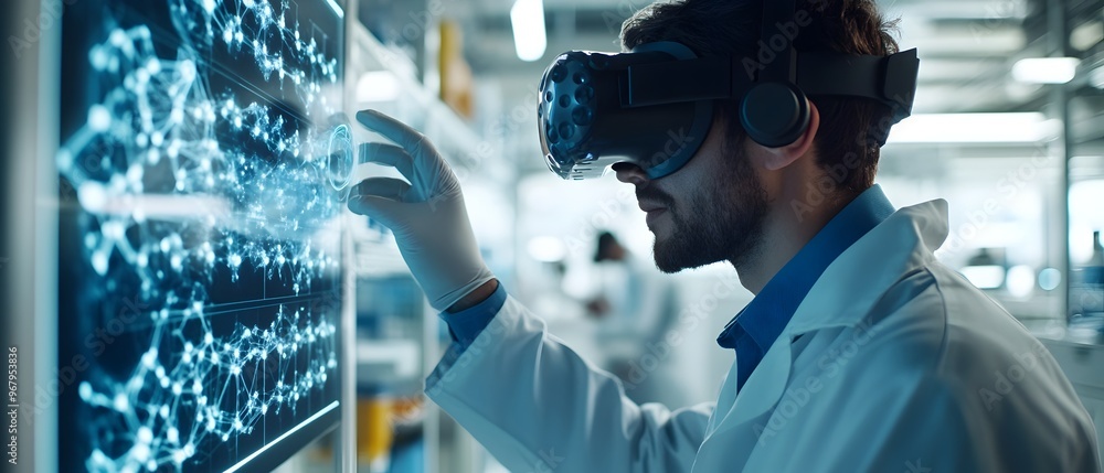 Poster biotech researchers using cutting edge virtual reality technology to manipulate and analyze complex 