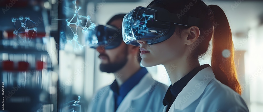 Poster biotech researchers utilizing virtual reality technology to visualize and manipulate molecular struc