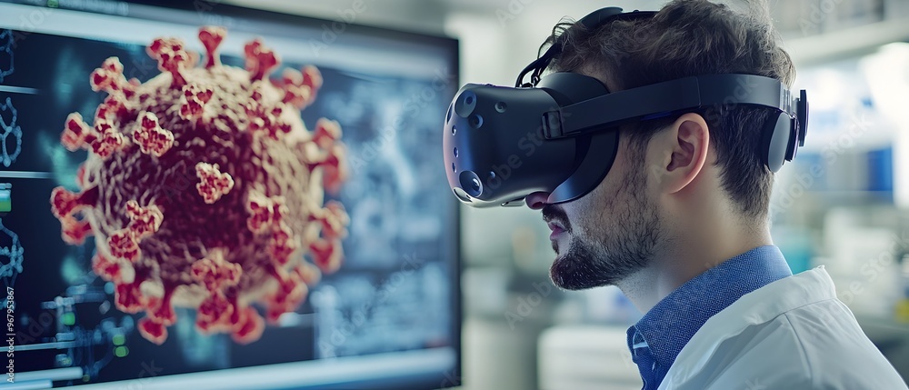 Poster scientist wearing virtual reality headset interacting with a 3 dimensional digital model of a virus 