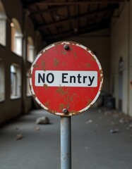 Rustic No Entry metal sign against deserted warehouse backdrop