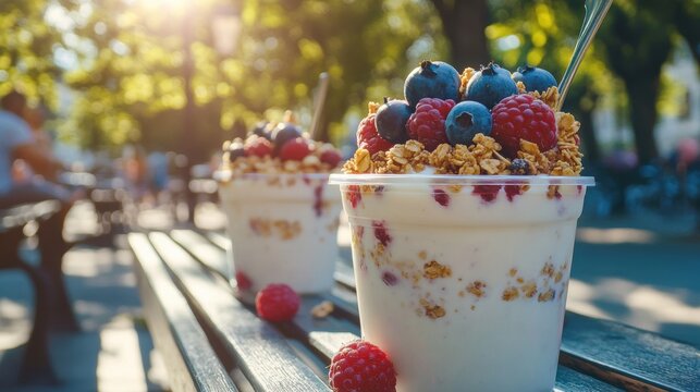 quick and convenient breakfast of yogurt parfait with granola and berries in a to-go container, perfect for enjoying outdoors on the go