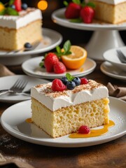 Close-up of a delicious tres leches cake slice